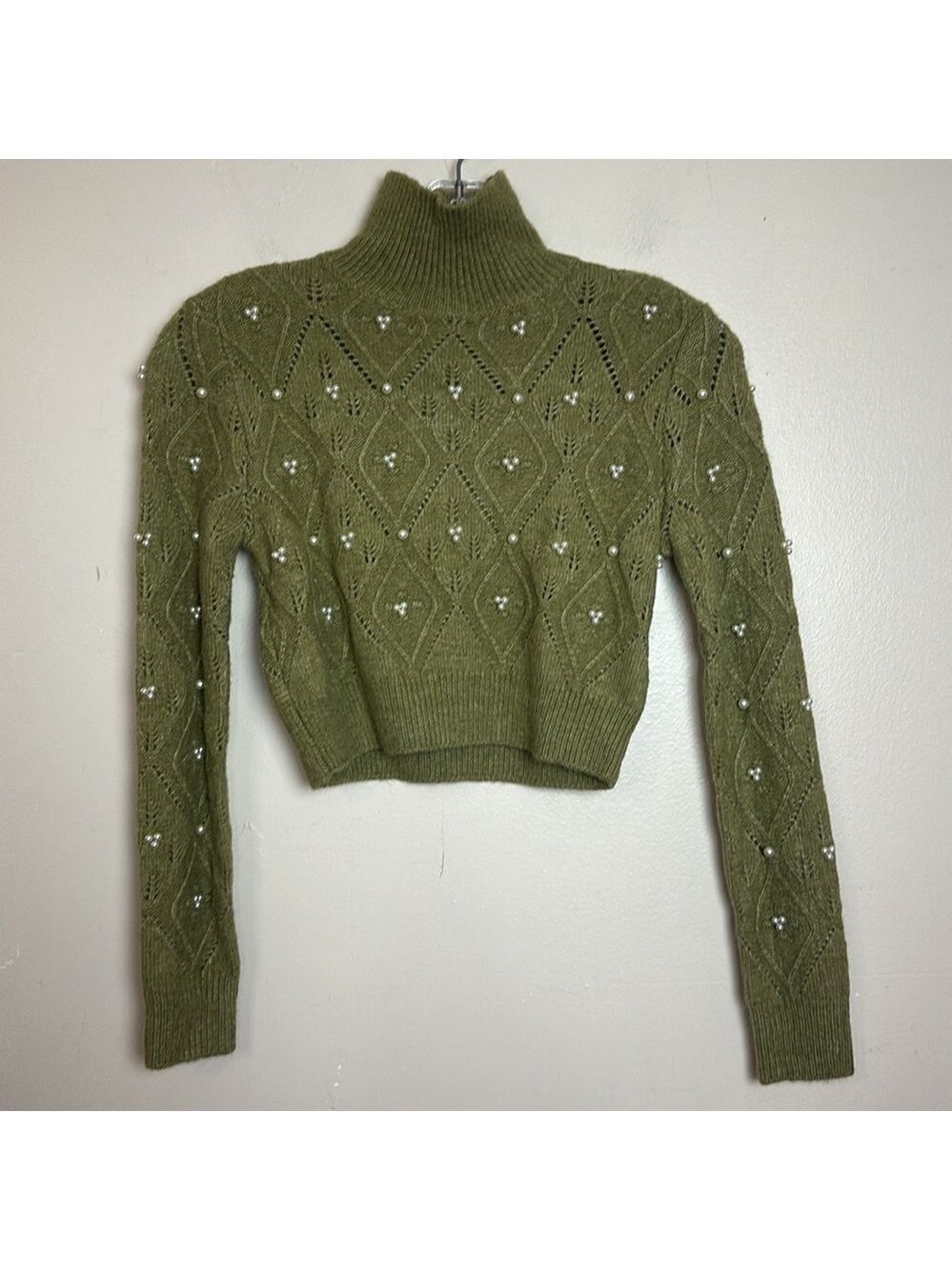 Zara Pearl Embellished Mock Turtle Neck Cropped Knit Sweater - Picture 6 of 11